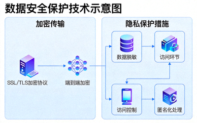 数据安全保护技术示意图，展示加密传输和隐私保护措施