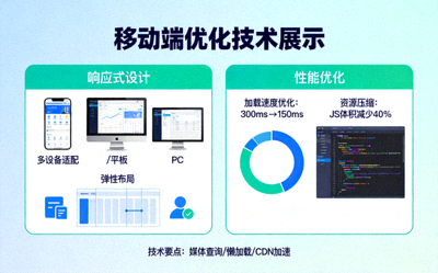 移动端优化技术展示，包括响应式设计和性能优化示意图